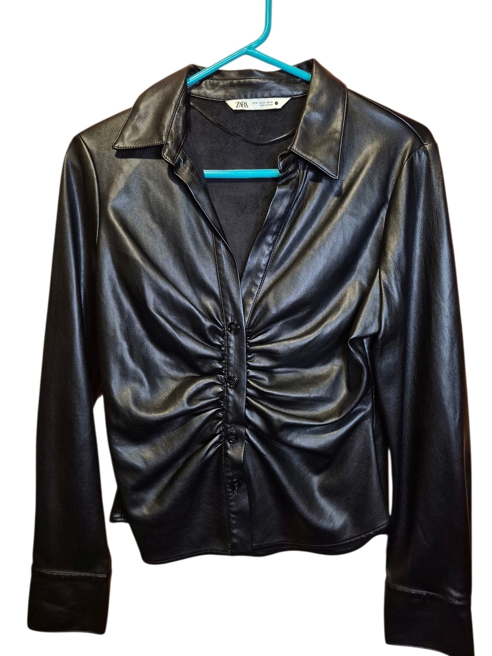 Zara Black Faux Leather Ruched Button-Front Jacket